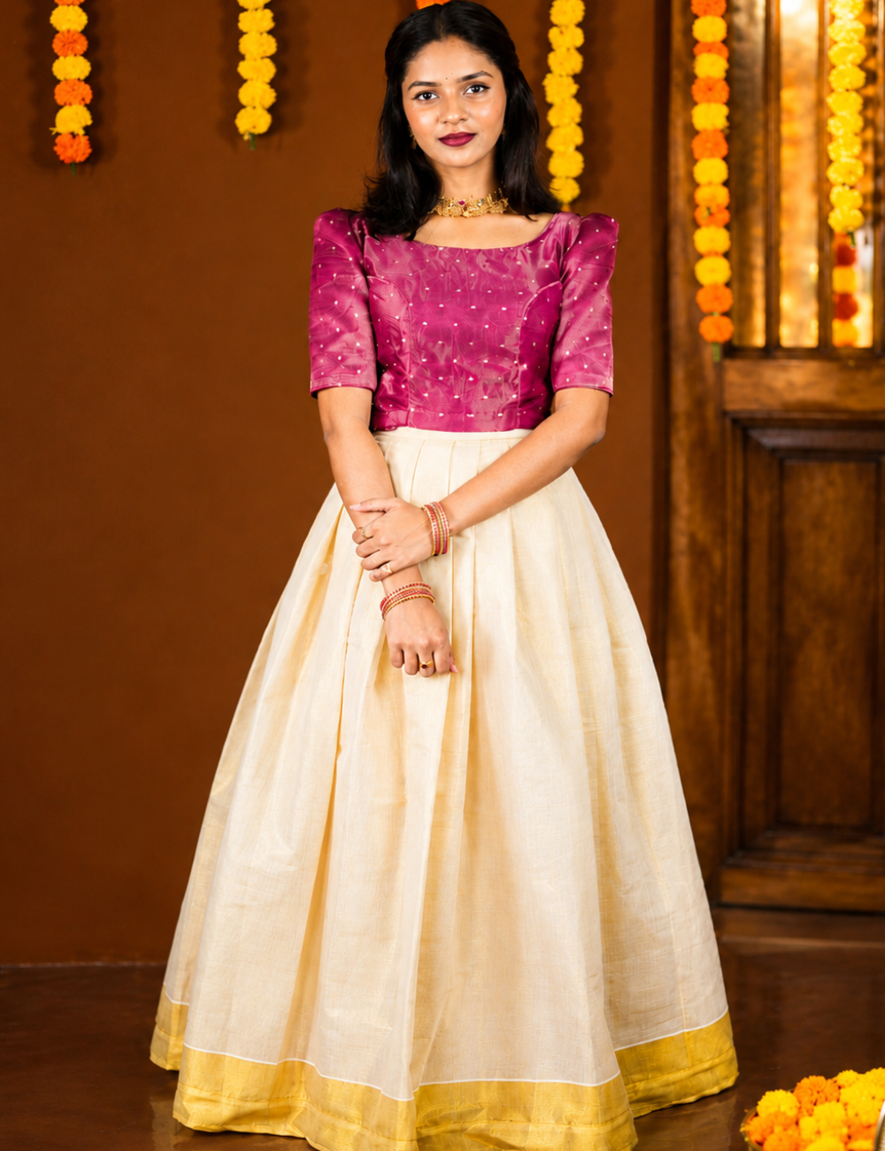 Wine Pink Festive Embroidered Blouse with Ivory Flared Skirt Set