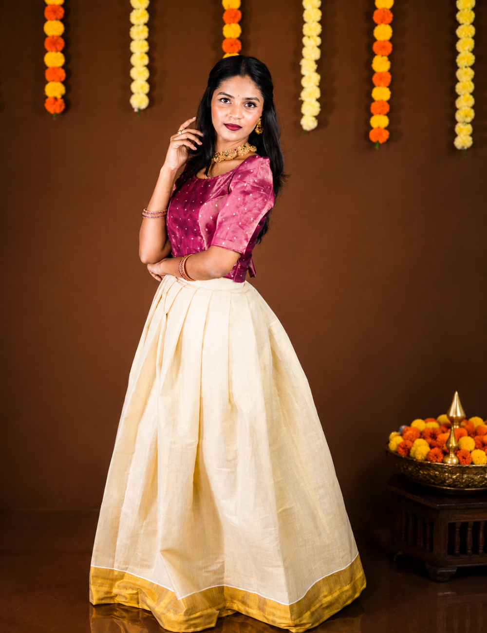 Wine Pink Festive Embroidered Blouse with Ivory Flared Skirt Set