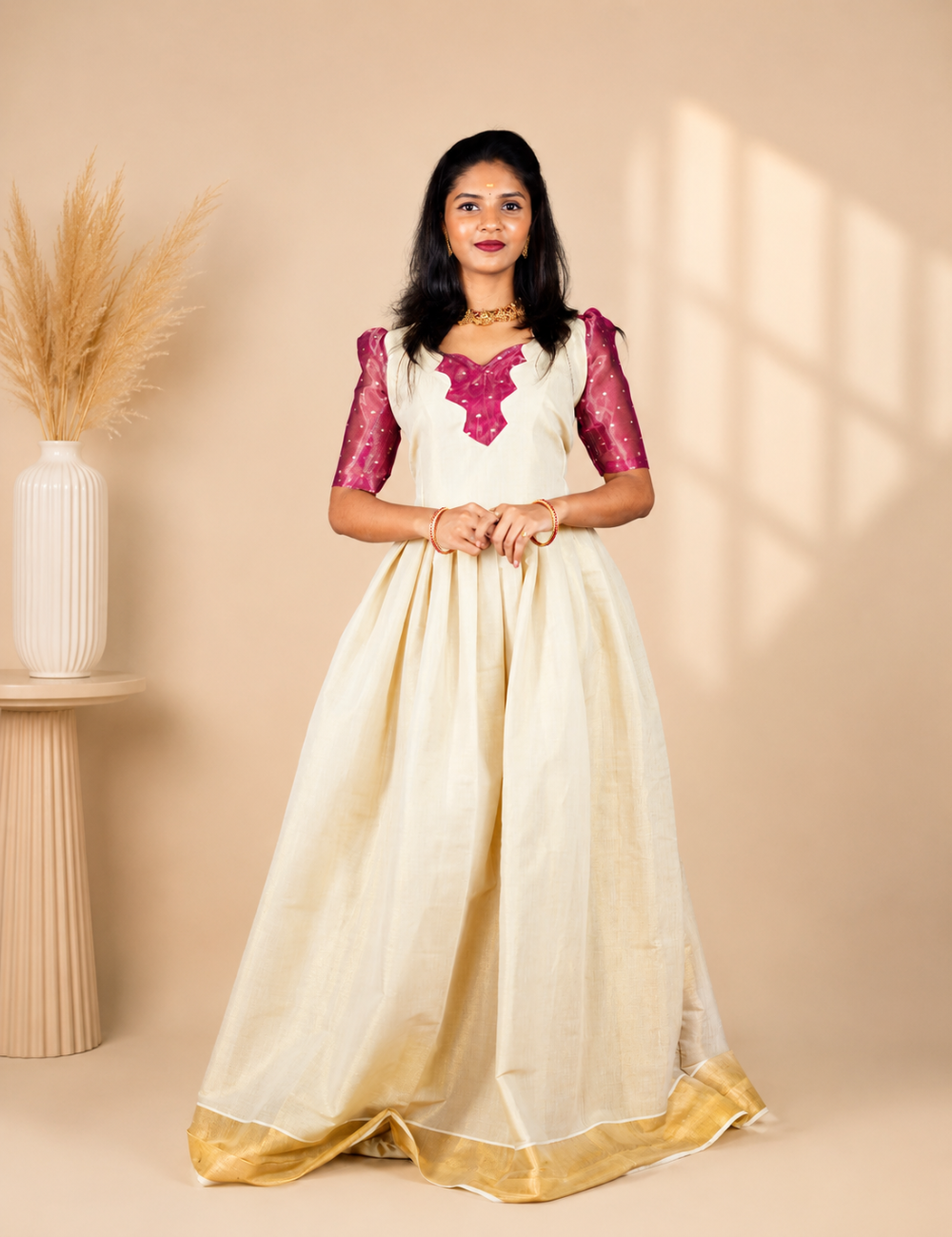 Ivory & Wine Pink Festive Flared Dress with Embellished Bodice