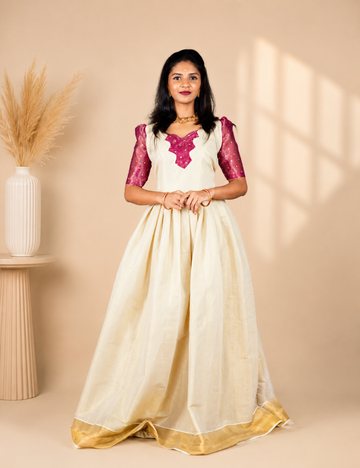 Ivory & Wine Pink Festive Flared Dress with Embellished Bodice