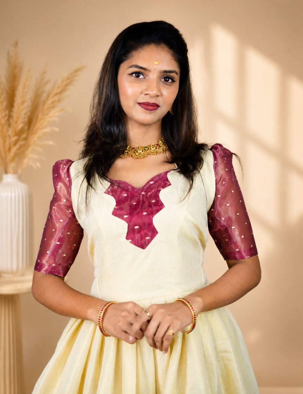 Ivory & Wine Pink Festive Flared Dress with Embellished Bodice