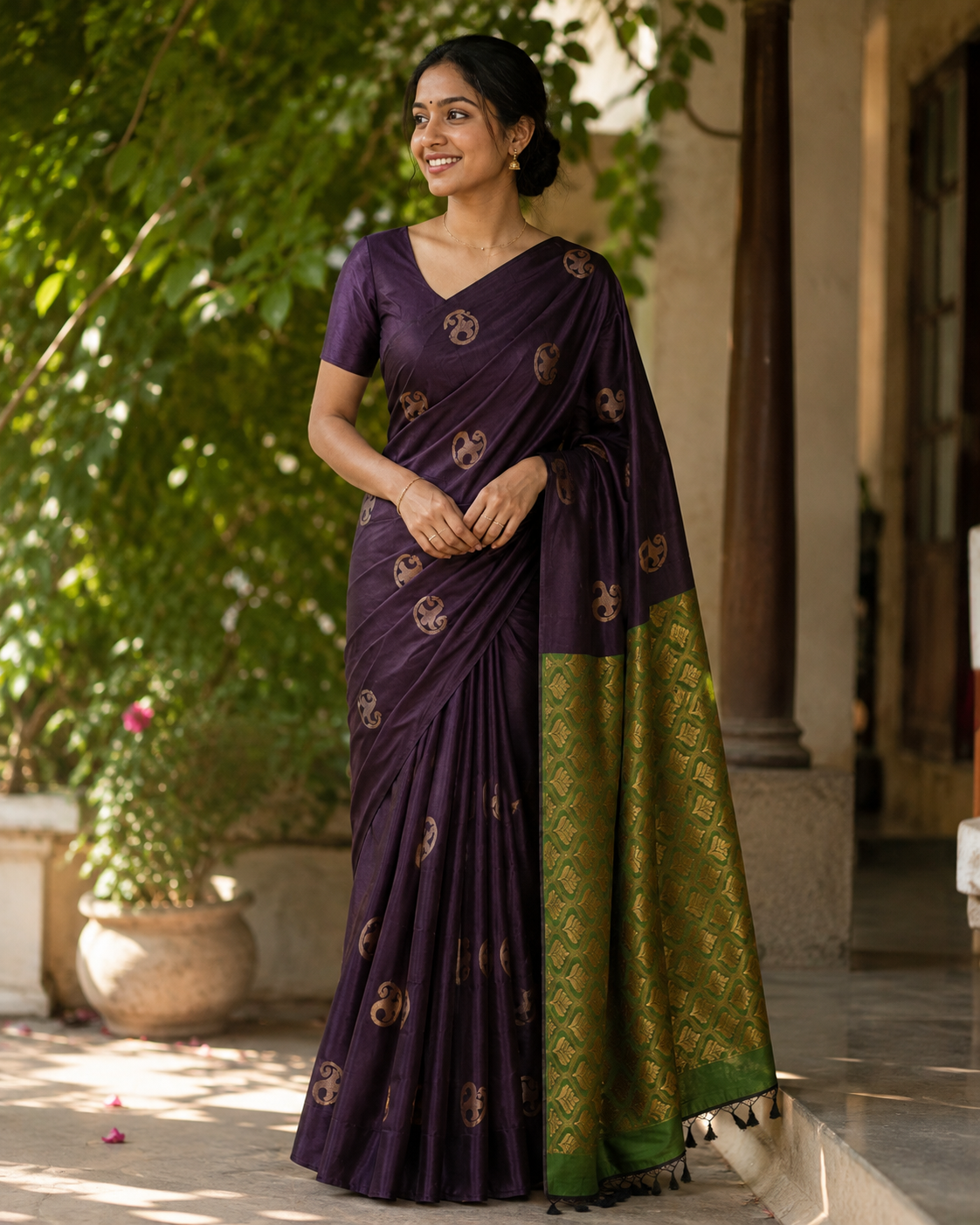 Coffee Brown with Green Pallu Soft Silk Saree