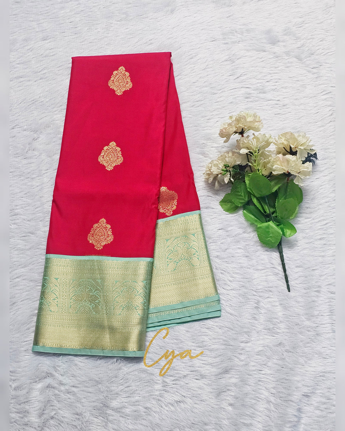 Red & Mint Green Zari Saree