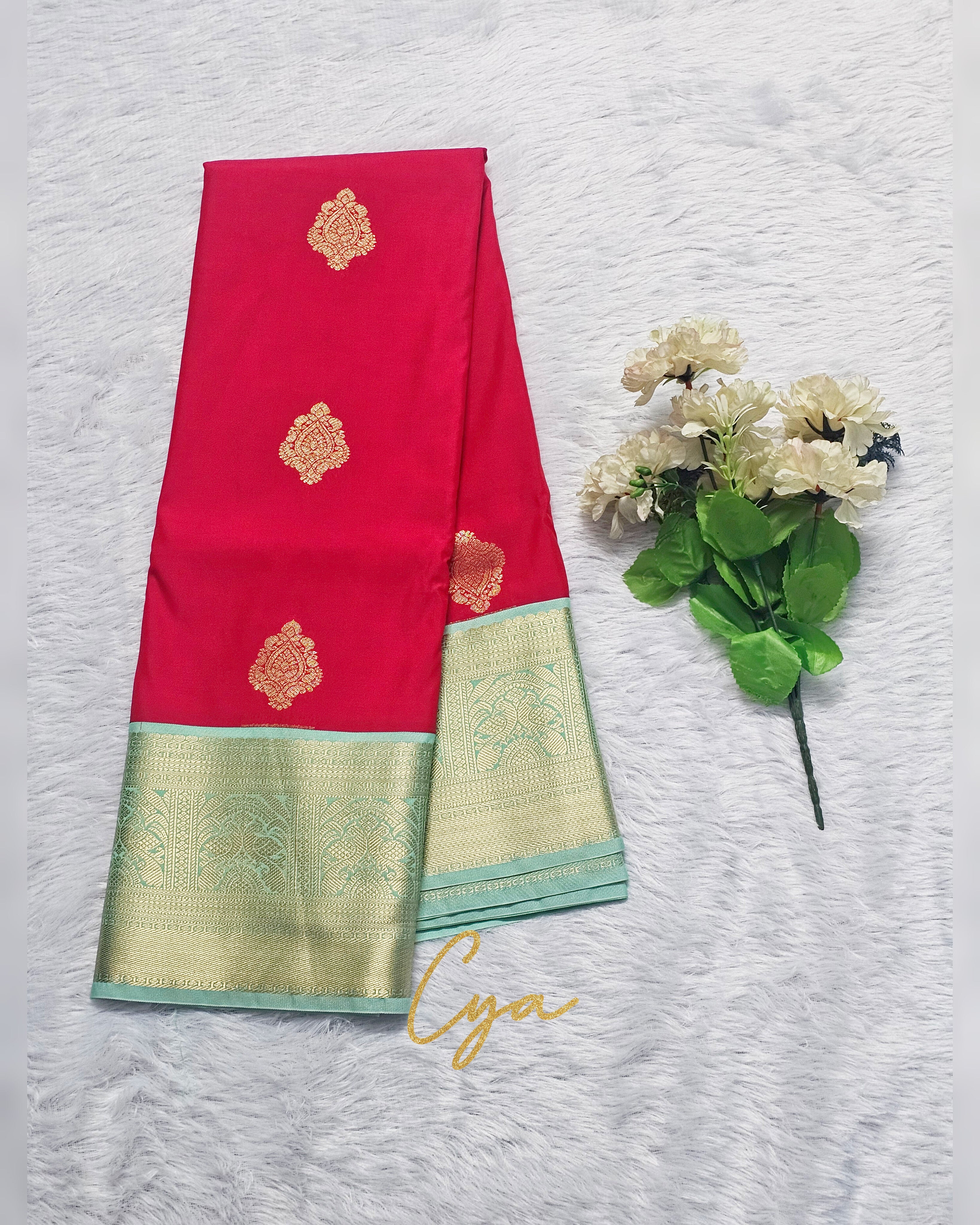 Red & Mint Green Zari Saree