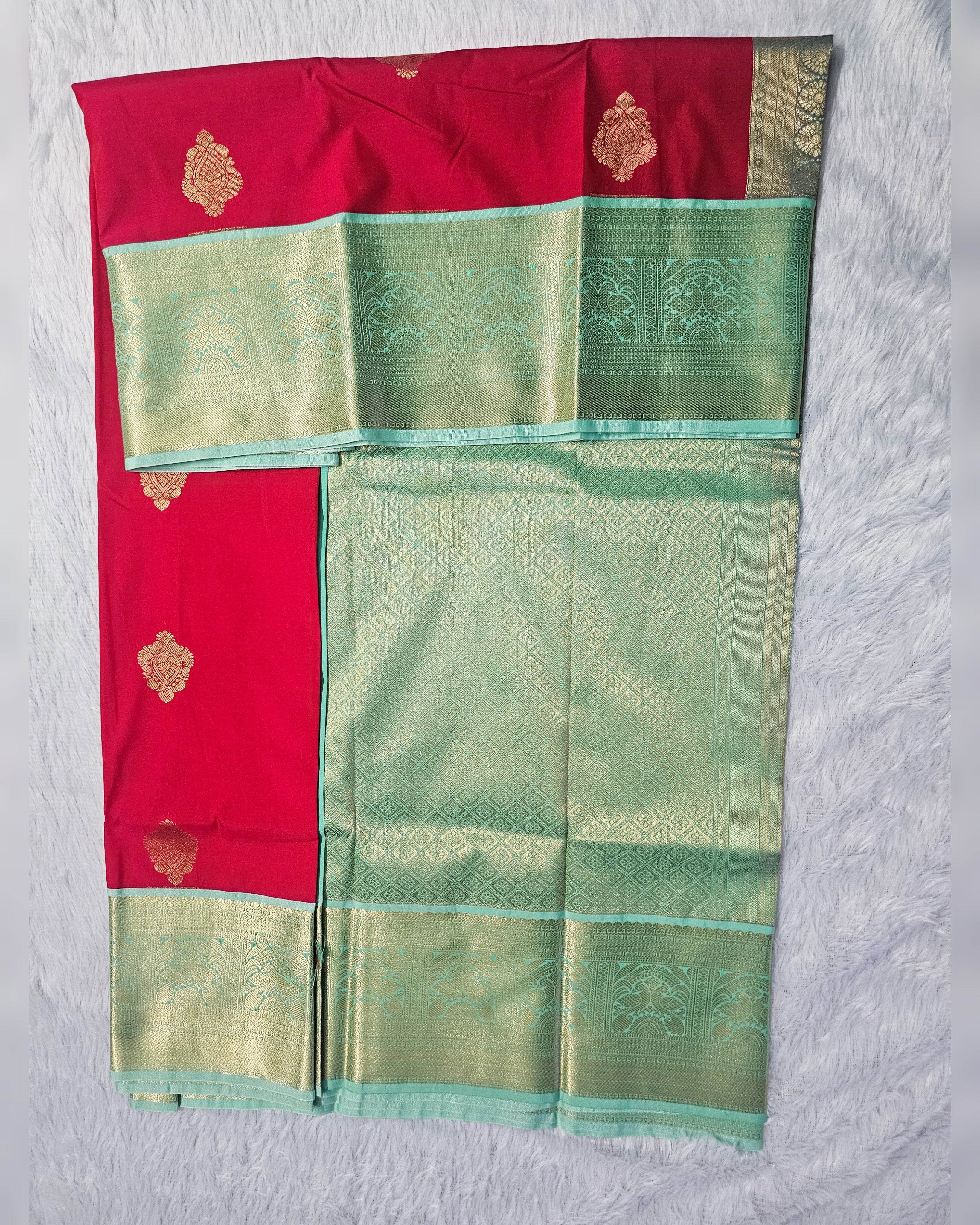 Red & Mint Green Zari Saree