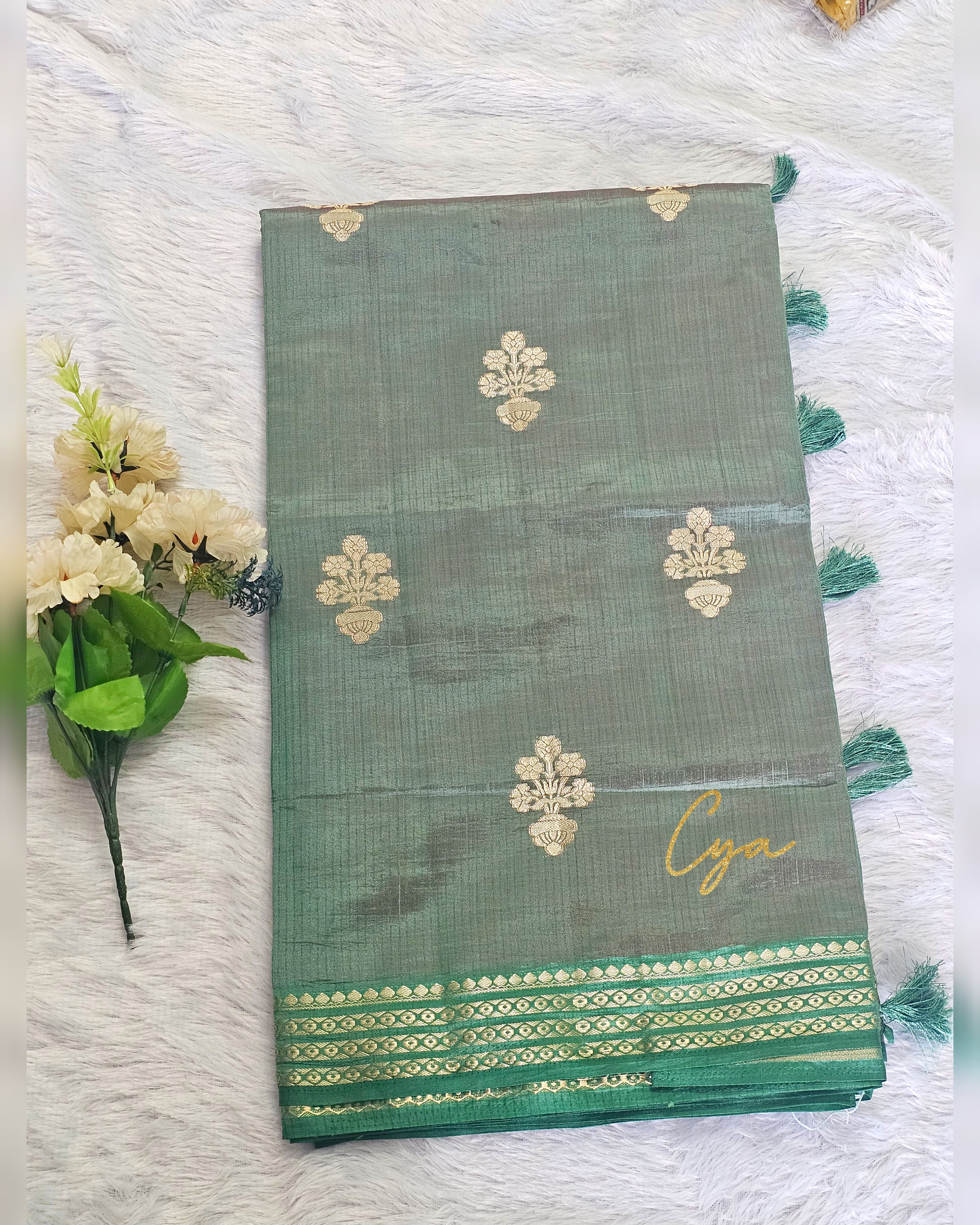 Sage Green Saree with Antique Gold Motifs & Zari Border | Festive Elegance