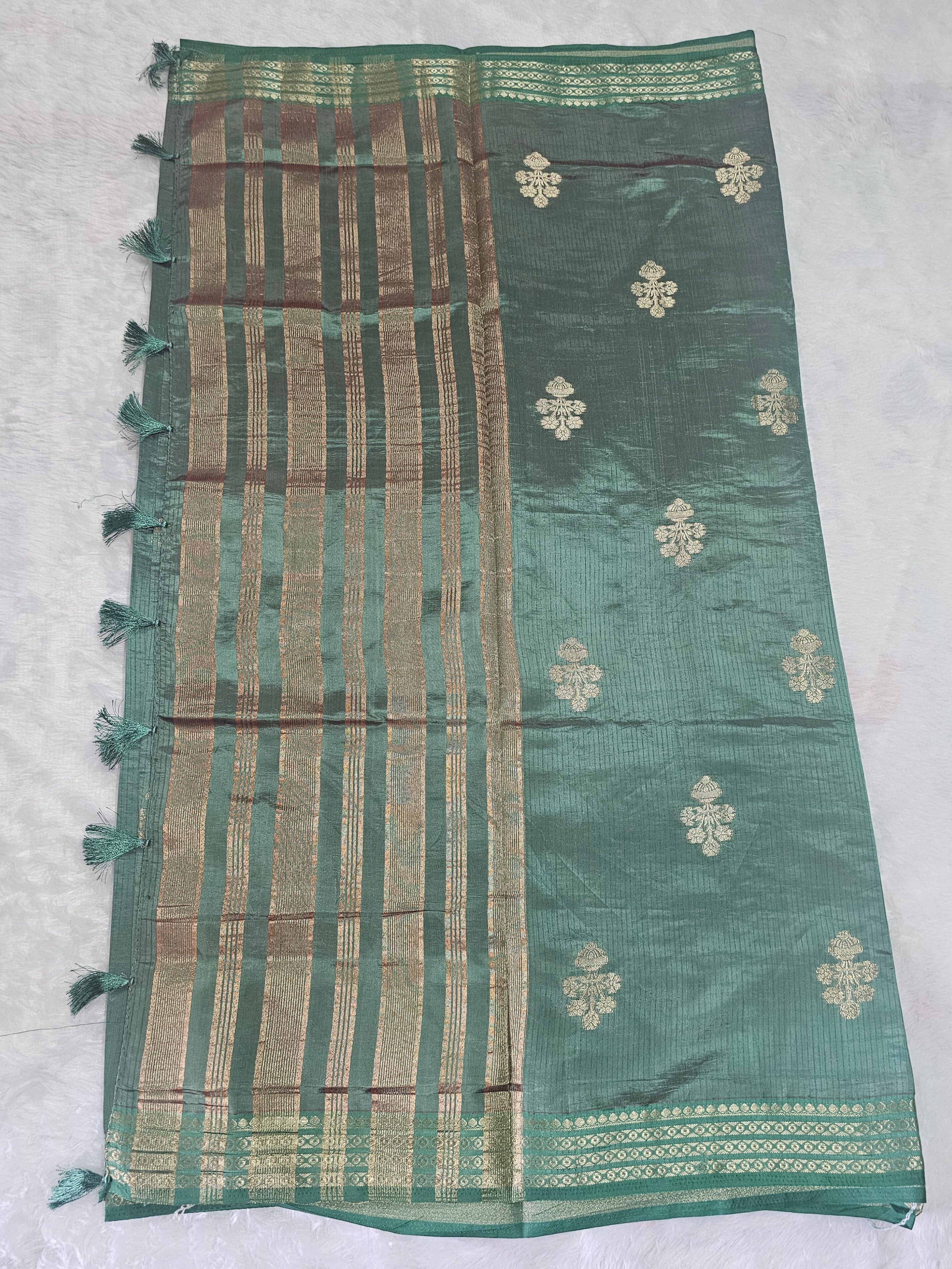 Sage Green Saree with Antique Gold Motifs & Zari Border | Festive Elegance