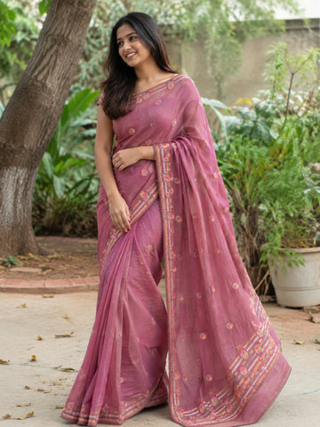 Dusty Rose Floral Printed Saree with Elegant Border