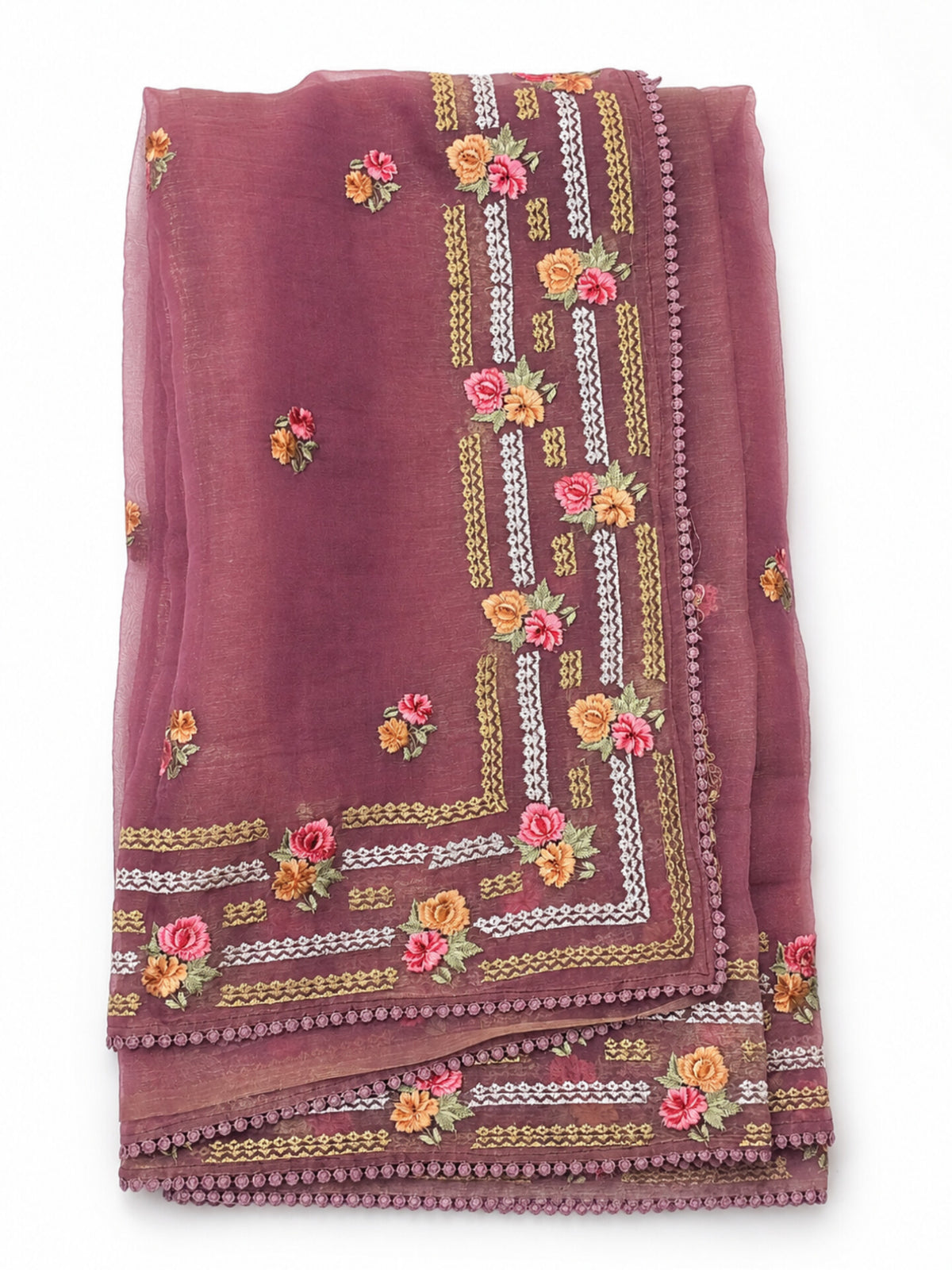 Dusty Rose Floral Printed Saree with Elegant Border