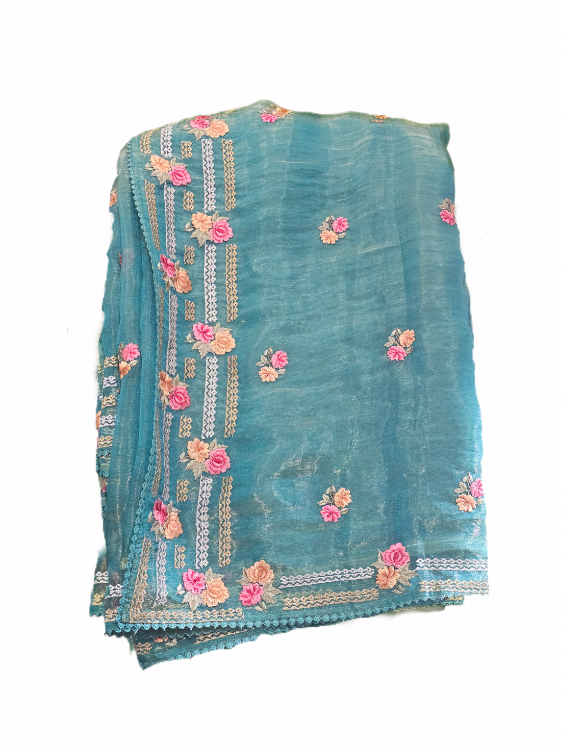 Turquoise Blue Floral Embroidered Saree with Elegant Border