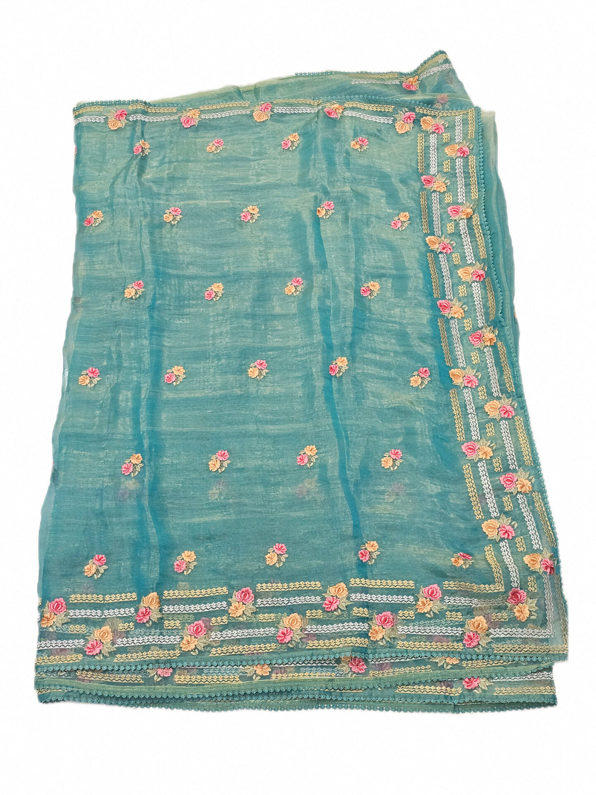 Turquoise Blue Floral Embroidered Saree with Elegant Border