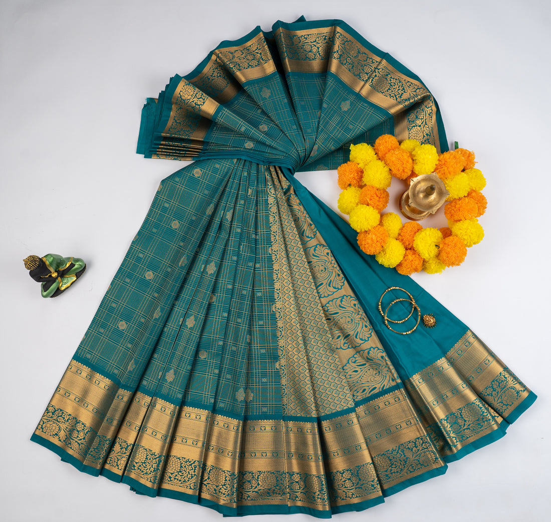Teal Blue & Gold Zari  Semi Silk Saree