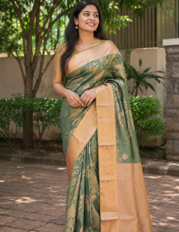 Sage Green & Peach Gold Zari Floral Saree