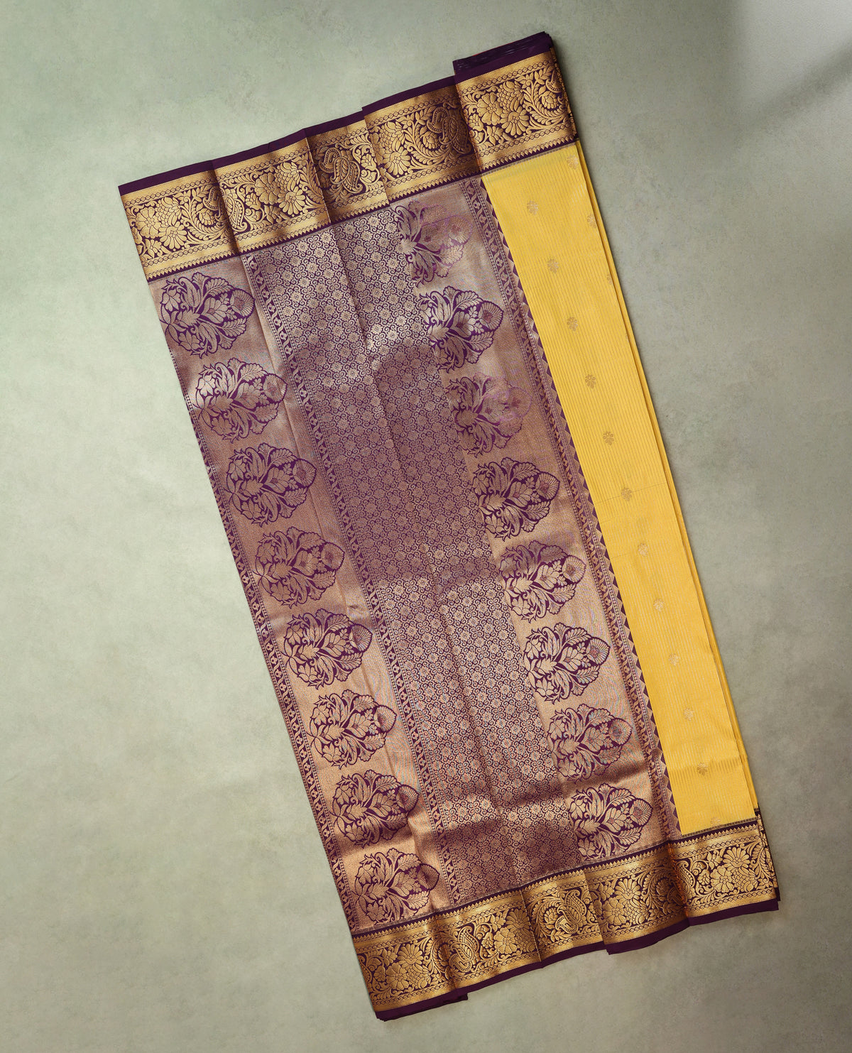 Elegant Lime Yellow Silk Saree with Purple Gold Zari Border