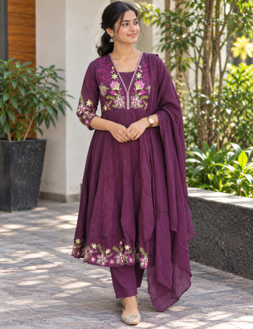 Elegant Cotton Embroidered Anarkali Suit Set