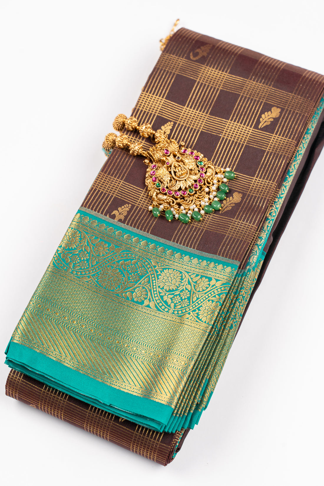 Elegant Teal & Chocolate Brown Kanchipuram Silk Saree with Rich Gold Zari